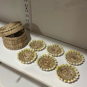 Vintage set of 6 boho Sisal and Cowrie shell coasters and basket